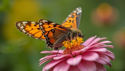 Obraz premium Orange and black butterfly on pink flower in natural garden setting