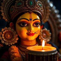 Closeup of Goddess Durga with candles