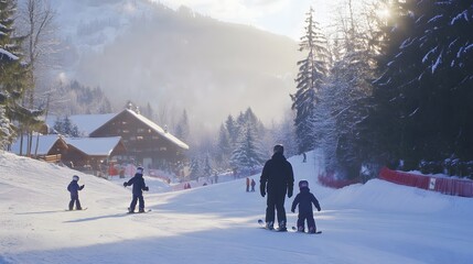 Family enjoying a winter ski day on a snowy slope.