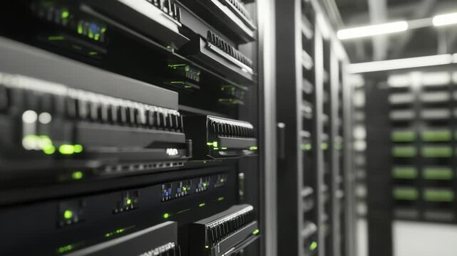 Closeup of Servers in a Data Center Row Showing Operation