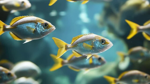 Underwater Scene of Yellowtail Snapper Swimming in Shallow Water