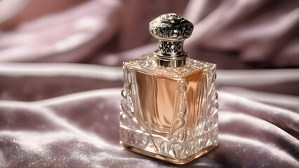 Small glass bottle with a silver top sitting on a purple cloth with soft lighting in an elegant product photography composition