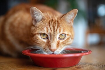 Ginger cat drinking water from a red bowl on a wooden surface with a plant in the blurred background