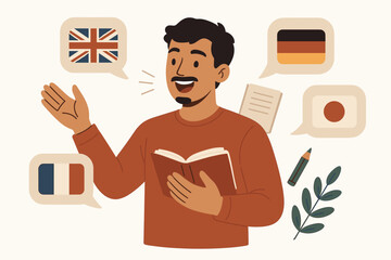 Multilingual man speaking different languages. Polyglot learning concept with international flags. Foreign language teacher, student, or translator. Online education course vector.