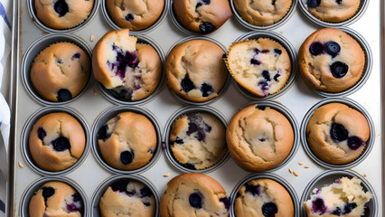 Obraz premium Muffins with blueberries in a metal pan placed on a table, ready to be served as a homemade dessert