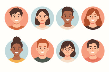 Set of diverse people profile avatars. Collection of multicultural male and female faces icons. Young adult team portraits for social media. Flat vector character illustration.
