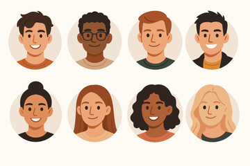 Set of diverse people avatars. Collection of multiracial male and female faces. Circle profile picture icons for social media or business team. Happy characters vector illustration.