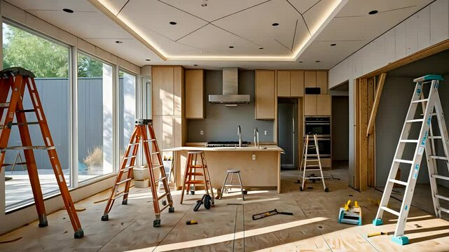 Home kitchen under renovation with ladders, tools, and wooden cabinetry in bright unfinished interior space