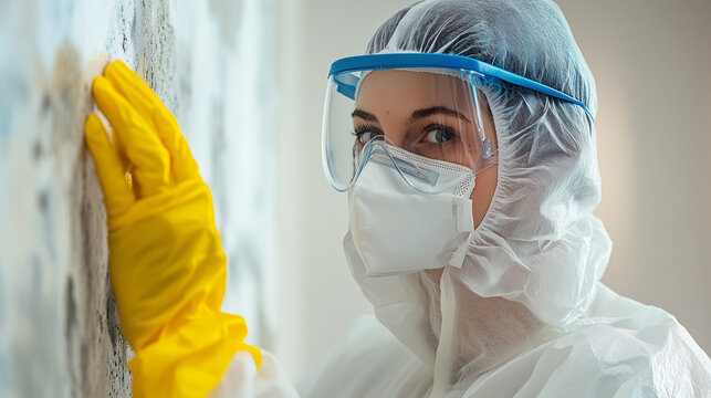 A woman in full protective suit examines a wall, emphasizing the importance of safety and caution in hazardous environments - Powered by Adobe