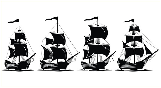 Black Pirate Ships Vector Silhouettes On A White Background Design