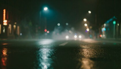 Wet asphalt, reflection of neon lights, smoke. Abstract light in a dark empty street