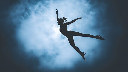 Silhouette of a figure skater in mid-air against a dramatic sky.