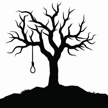 Silhouette of a bare tree with a noose hanging from a branch against a white background landscape view created with generated ai
