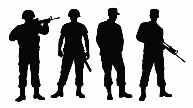 Silhouette of four soldiers in uniform standing with rifles and other military equipment displayed created with generated ai