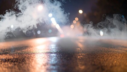 Fototapeta premium Wet asphalt, reflection of neon lights, smoke. Abstract light in a dark empty street