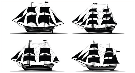 Four Detailed Black And White Silhouette Clipper Ship Illustrations