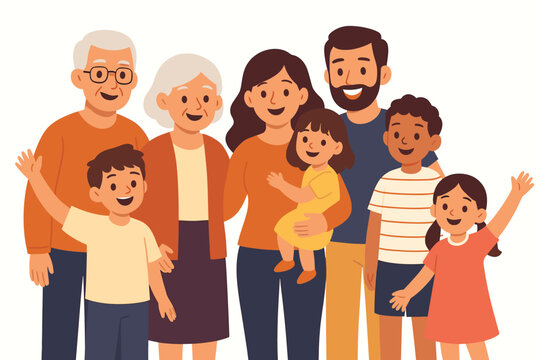 Big happy family of three generations. Grandparents, parents and children standing together smiling. Multigenerational family group portrait vector illustration isolated on white.