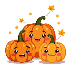 Obraz premium Cute cartoon pumpkins with smiling faces and autumn leaves 