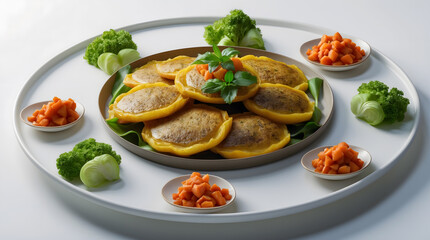 Fototapeta premium A visually appealing platter features golden-brown savory pancakes, garnished with fresh basil and surrounded by vibrant carrot and broccoli florets. The presentation is elegant and appetizing.