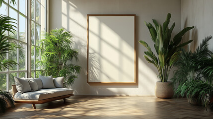 Bright and airy living room adorned with lush plants and a cozy sofa, ideal for relaxation and comfort in a stylish home setting