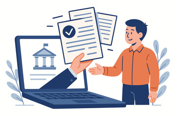 Digital government services concept. Citizen getting approved document from a laptop. E-government and online public administration for electronic paperwork and civic engagement vector.