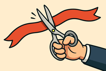 Ribbon cutting ceremony concept. Businessman hand in a suit holding scissors cutting a red ribbon. Grand opening, business launch, inauguration, and new beginning vector illustration.