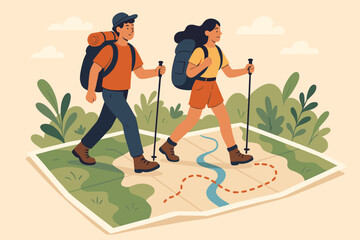 Couple hiking on a map. Concept of adventure, travel and exploration. Man and woman with backpacks and trekking poles following a route. Vector illustration for tourism.