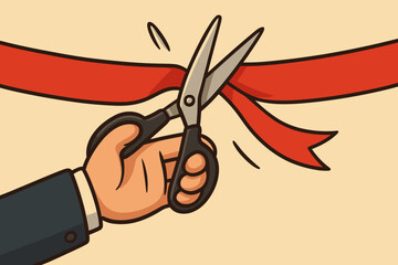 Ribbon cutting ceremony cartoon vector illustration. Businessman hand with scissors cutting red tape. Grand opening, launch event, new beginnings and success celebration concept.