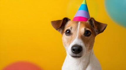 A happy dog wearing a colorful party hat against a bright yellow backdrop. This playful image captures the joy of celebration. Perfect for pet enthusiasts and festive occasions. AI