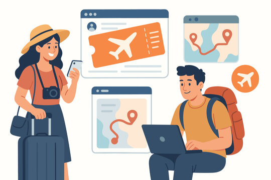 Travel planning concept. Couple of tourists booking flight ticket and planning vacation itinerary online with laptop and smartphone. Digital map and boarding pass. Online travel agency.
