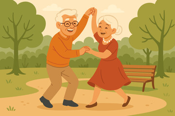 Happy senior couple dancing in the park. Elderly man and woman enjoying a romantic date. Active retirement and healthy lifestyle concept. Joyful grandparents having fun outdoors.