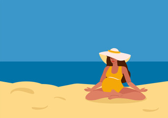 Young pregnant tanned woman in swimsuit and hat meditating on beach, yoga class by the sea in summer - vector color flat illustration for banners, cards, posters, flyers