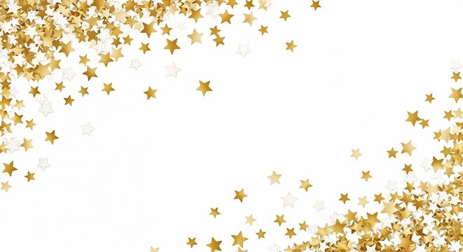 Golden star confetti on white background for festive celebrations