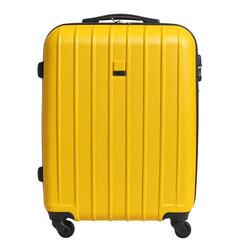 Front View Upright Yellow Trolley Luggage with Travel Tags – Transparent PNG
