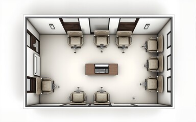Visualization of a conference room layout with emphasis on efficient use of space, audiovisual equipment, and comfortable seating for effective meetings. High quality