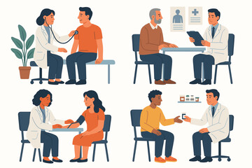 Healthcare and medicine illustration set. Diverse doctors and patients during medical check-up, consultation, examination with stethoscope, and blood pressure measurement. Clinic concept.