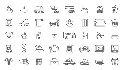 Hotel line icons collection. accomodation, Service, wifi, interior, reception, restaurant icons. UI icon set. Outline vector icon in linear style. collection of pictograms hotel