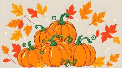 A drawing of a pile of pumpkins and leaves. The pumpkins are orange and the leaves are red