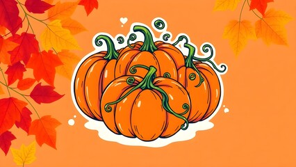 A drawing of four pumpkins with stems and leaves in the background. The pumpkins are orange and appear to be in a fall scene