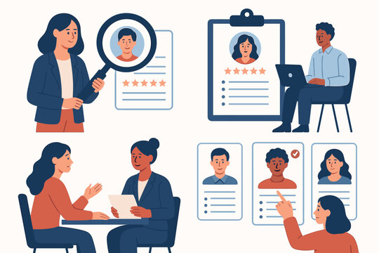 Recruitment process illustration set. Human resources manager interviewing and choosing a candidate for a job. Job search, CV screening, employee selection and hiring concept vector.