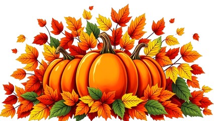 A close up of three pumpkins and a bunch of leaves. The pumpkins are orange and the leaves are yellow. The image has a warm and cozy feeling, as if it were a fall scene