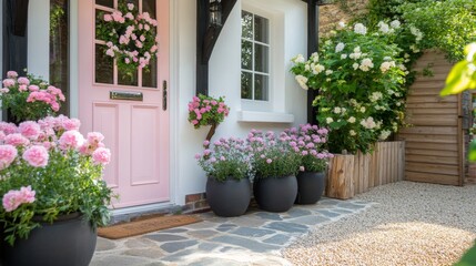 A charming English cottage with a blooming flower-lined stone path, soft pastel garden colors, rustic door.