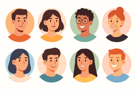 Diverse people avatar collection. Set of user portraits, modern flat cartoon character icons for web, social media. Smiling men and women faces for a business team or community.