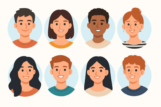 Set of diverse people avatars. Modern flat cartoon character portraits collection. Male and female faces. User profile icon pack for social media, business team. Vector illustration.