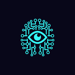 Artificial intelligence symbol. Illustration of a chipped brain with an eye as a symbol of artificial intelligence.