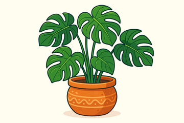 Monstera deliciosa plant in decorative pot vector illustration. Trendy houseplant icon, Swiss cheese plant for interior design. Home decor concept. Tropical foliage cartoon.