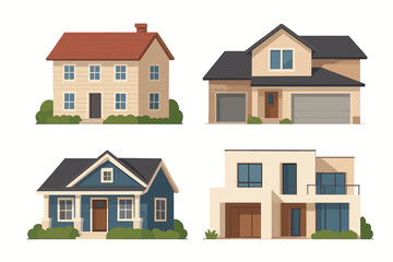 Architectural home styles set. Collection of house exteriors: modern, classic, cottage, suburban. Real estate property vector illustration. Flat design building facades isolated.
