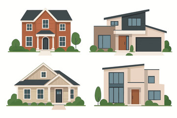 House collection vector illustration set. Modern, contemporary, and traditional architectural home styles. Suburban residential building exterior. Real estate property front view.