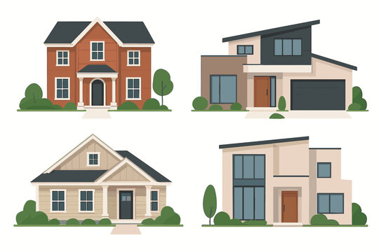 House collection vector illustration set. Modern, contemporary, and traditional architectural home styles. Suburban residential building exterior. Real estate property front view.