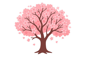 Fototapeta premium Elegant cherry blossom tree in full bloom. Spring sakura branches with delicate pink flowers, Japanese cherry blossoms falling petals, seasonal floral nature illustration, isolated on white